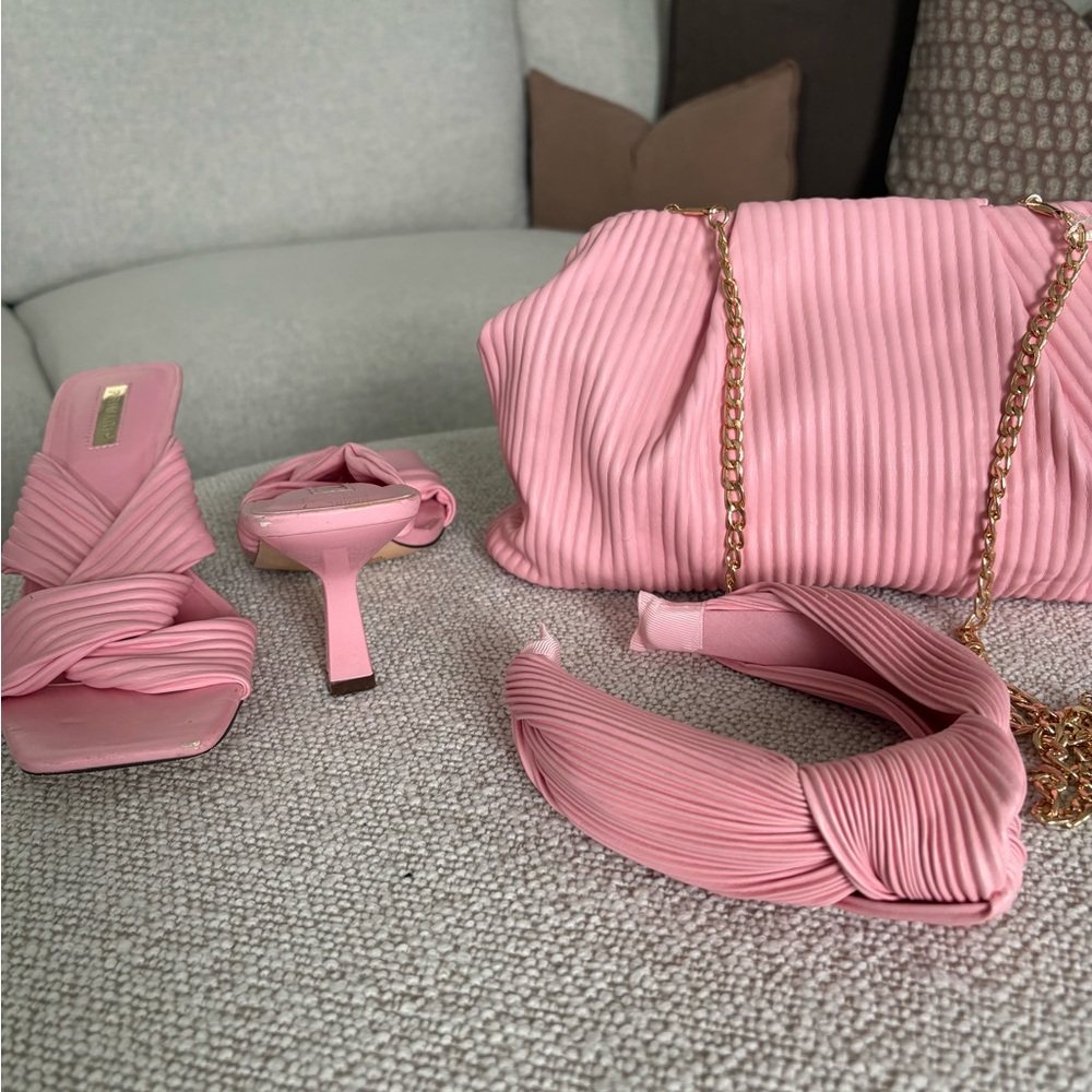 Three piece Set Pleated Pink Chain-Handle Shoulder Bag/ Shoes/Headband